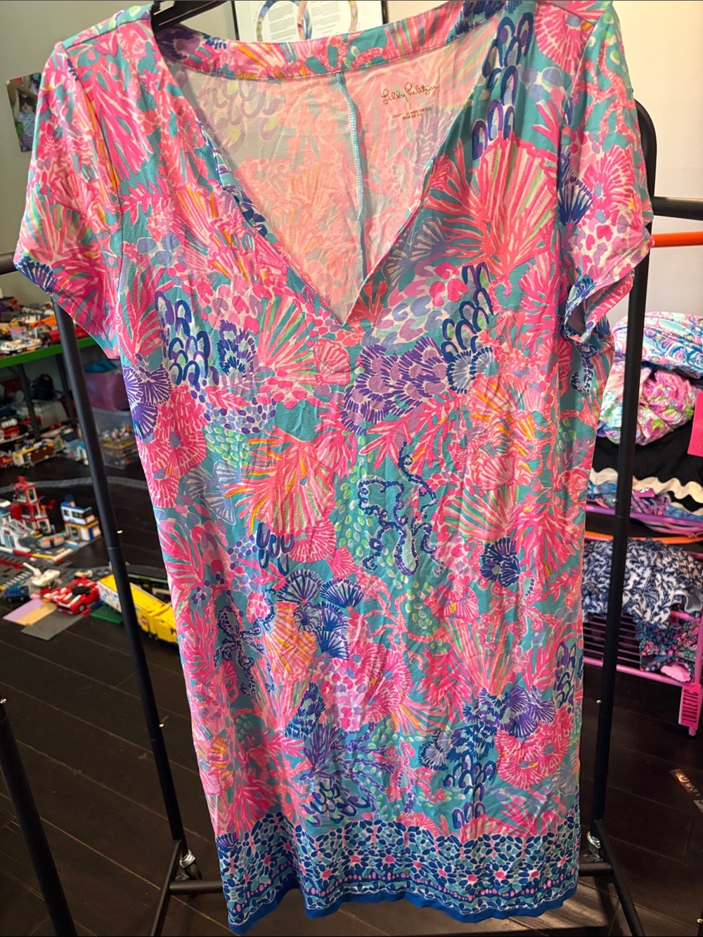 Lilly Pulitzer Pink & Teal Tropical Print V-Neck Dress L